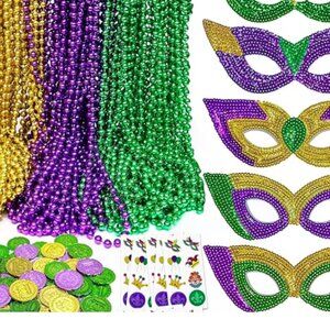 Mardi Gras Party Favors Carnival Masks Necklaces Coins Temporary Tattoos 188 pcs